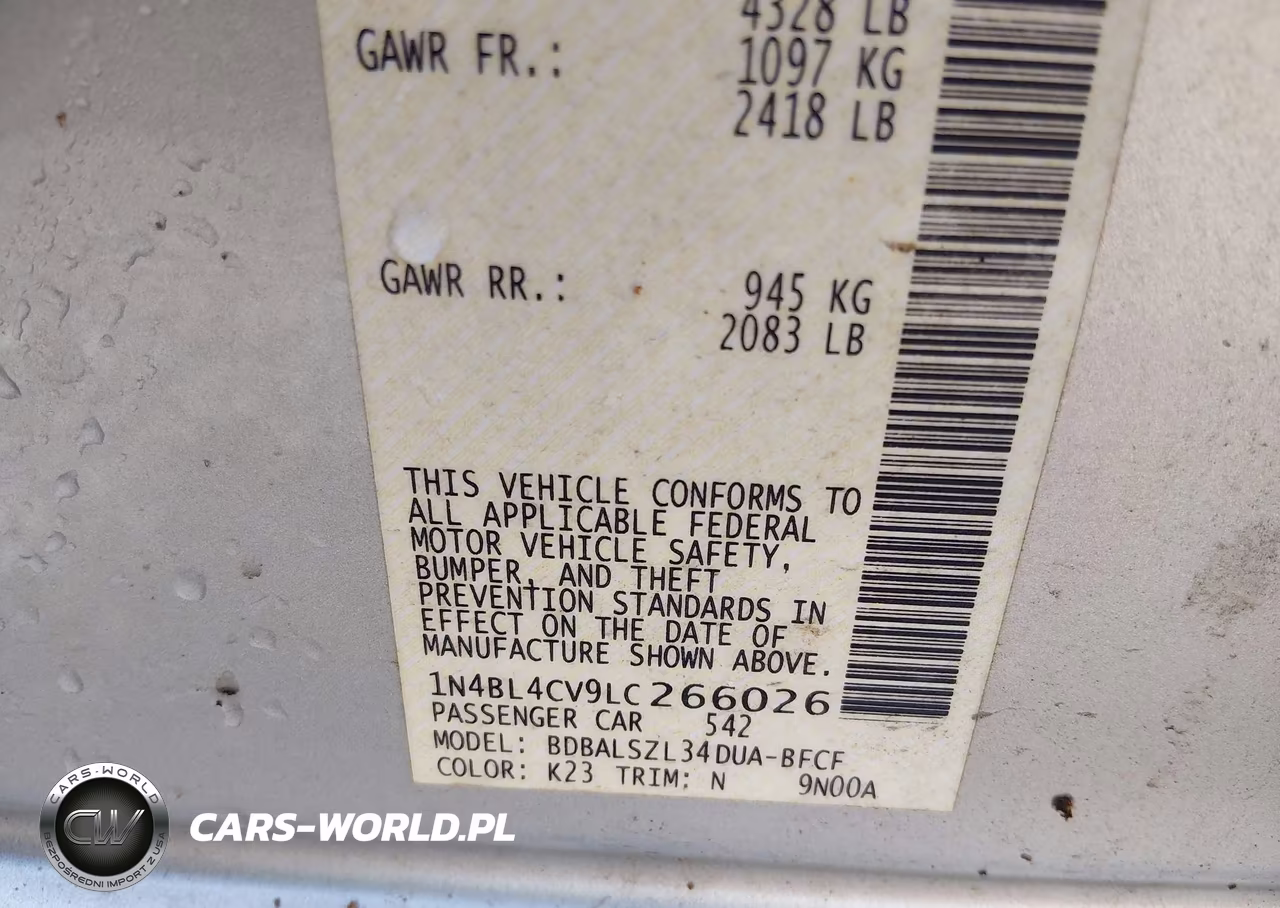 2020 Nissan Altima Sr Fwd VIN:1N4BL4CV9LC266026 - 9