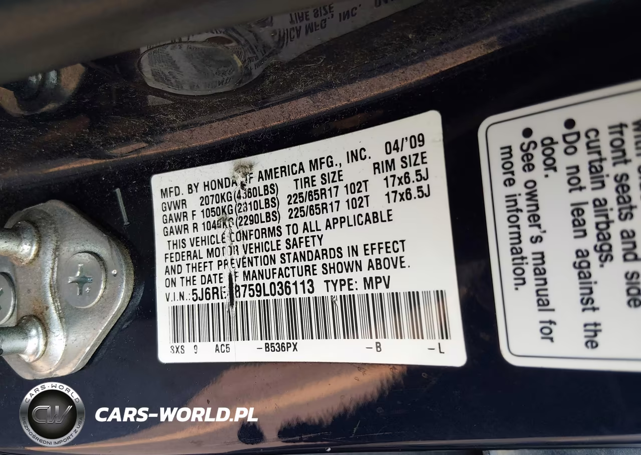 2009 Honda Cr-V Ex-L VIN:5J6RE48759L036113 - 9
