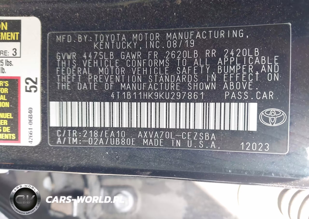 2019 Toyota Camry Se VIN:4T1B11HK9KU297861 - 9