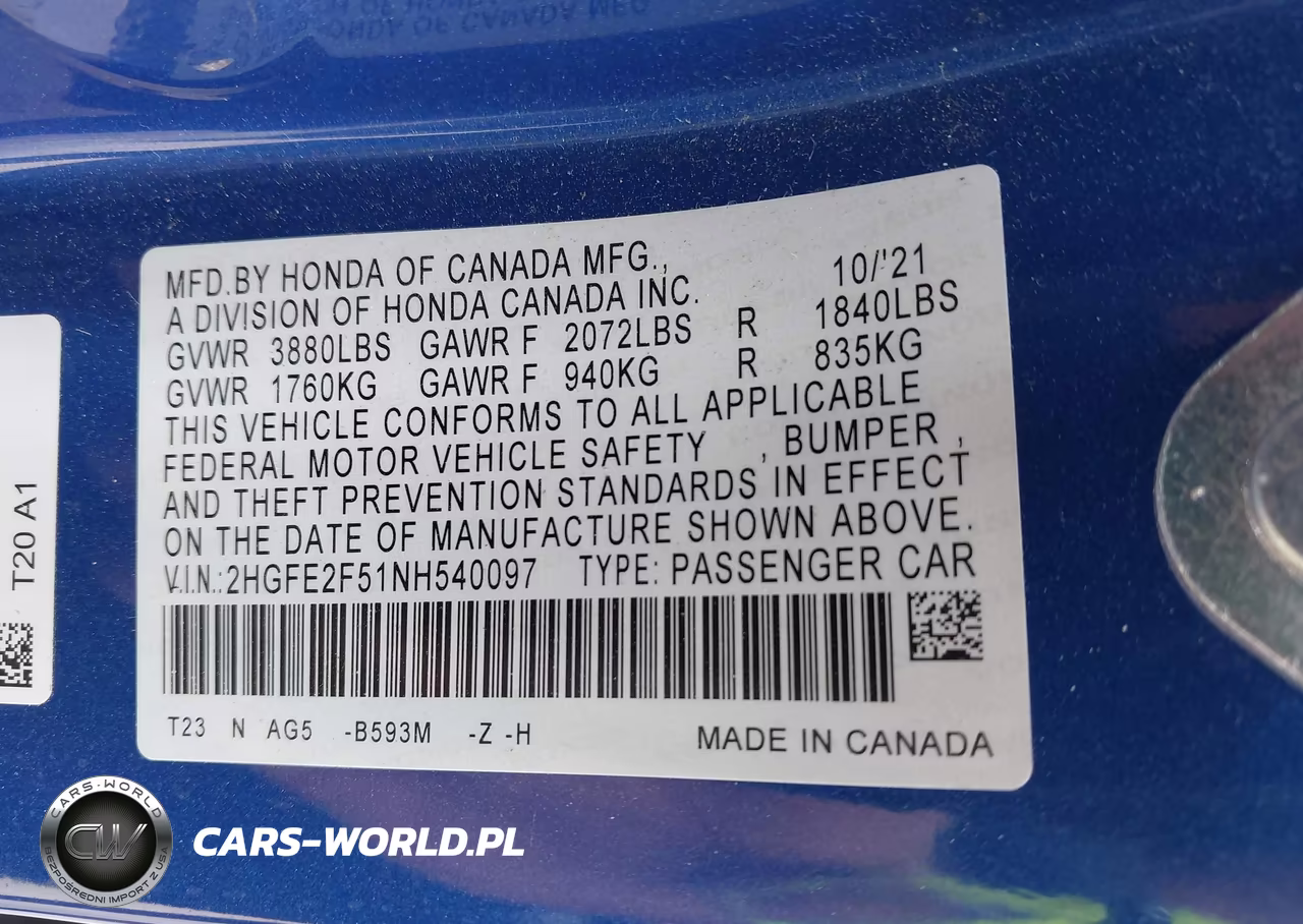 2022 Honda Civic Sport VIN:2HGFE2F51NH540097 - 9