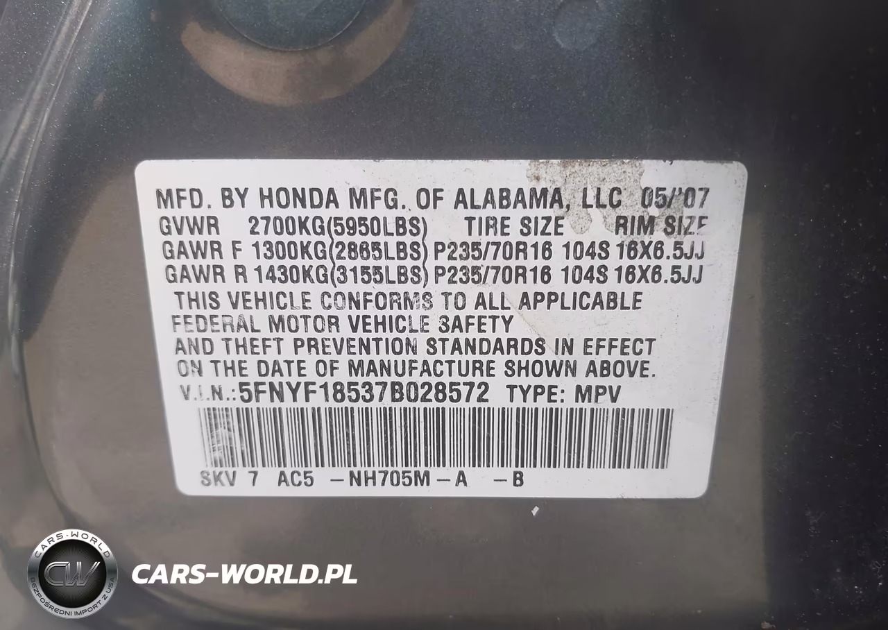 2007 Honda Pilot Ex-L VIN:5FNYF18537B028572 - 9