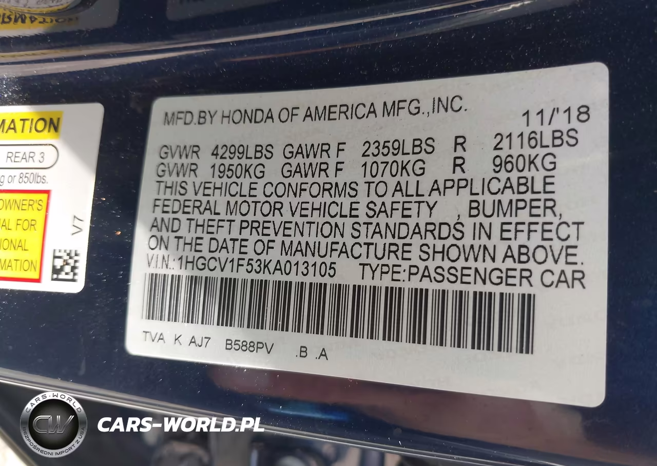 2019 Honda Accord Ex-L VIN:1HGCV1F53KA013105 - 9