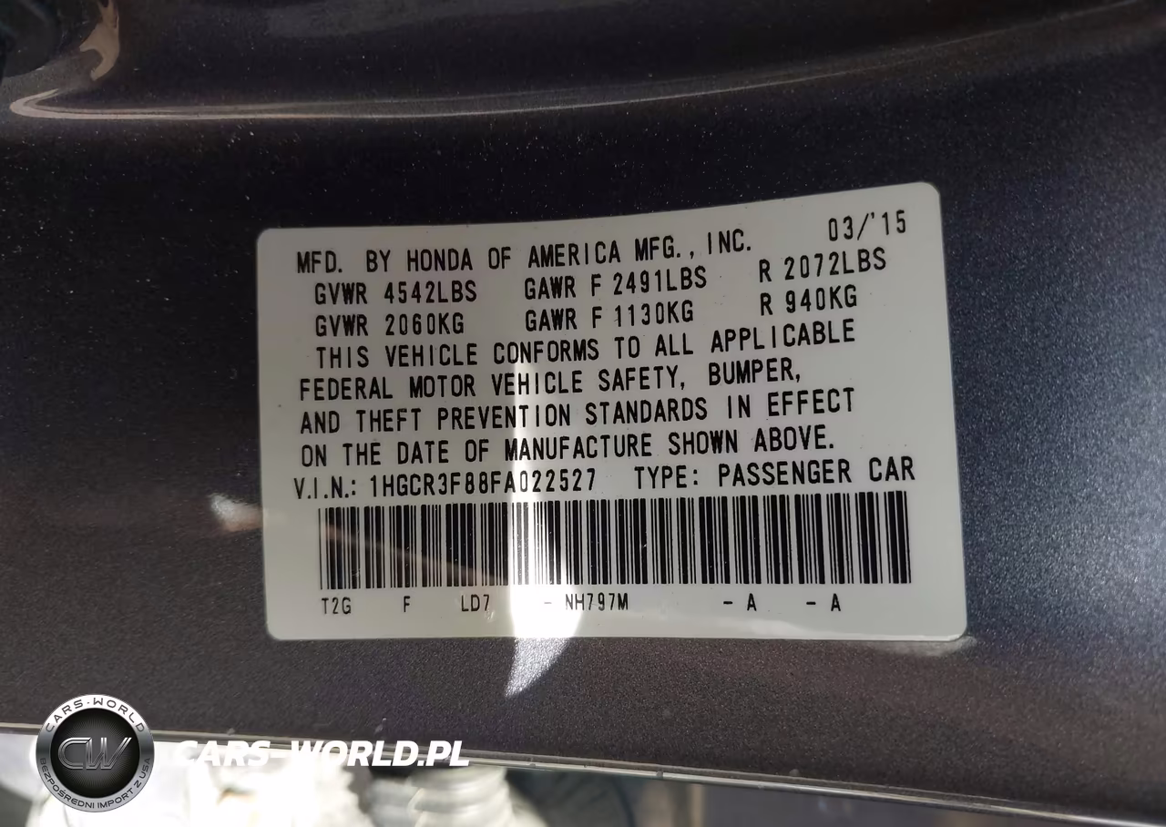 2015 Honda Accord Ex-L V-6 VIN:1HGCR3F88FA022527 - 9