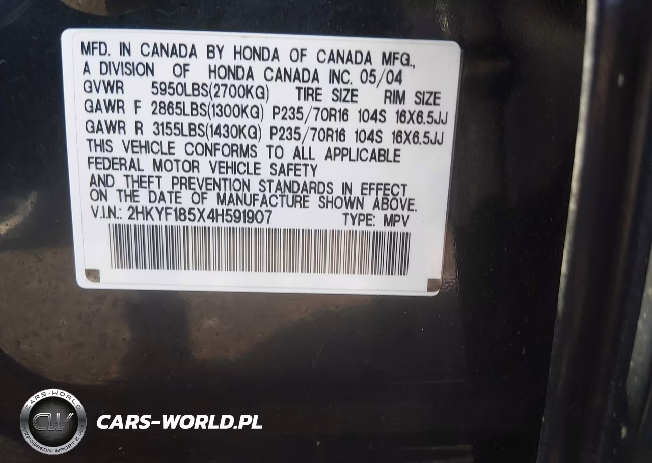 2004 Honda Pilot Ex-L VIN:2HKYF185X4H591907 - 9