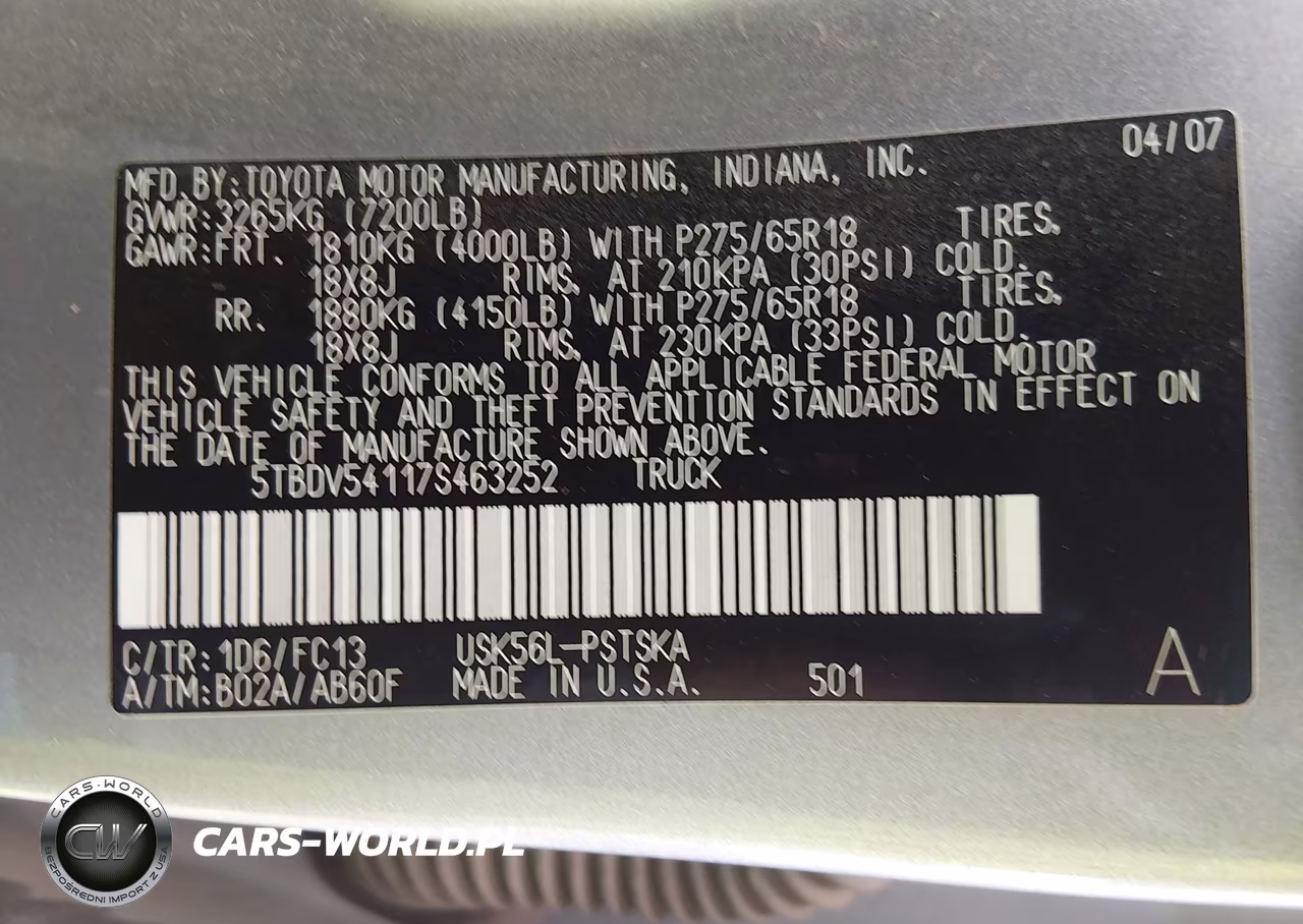 2007 Toyota Tundra Sr5 5.7L V8 VIN:5TBDV54117S463252 - 9