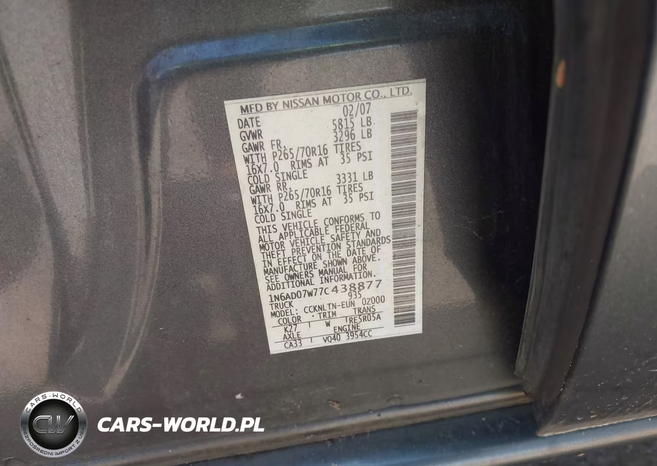 2007 Nissan Frontier Se VIN:1N6AD07W77C438877 - 9