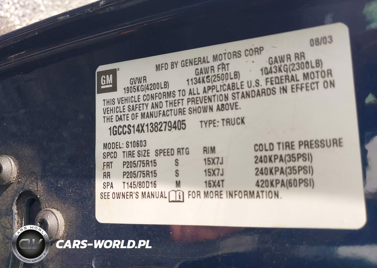 2003 Chevrolet S-10 Ls VIN:1GCCS14X138279405 - 9