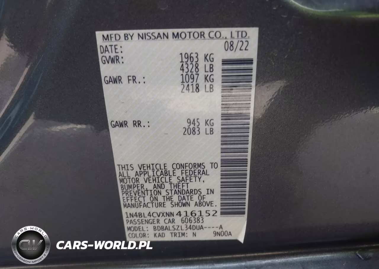 2022 Nissan Altima Sr Fwd VIN:1N4BL4CVXNN416152 - 9