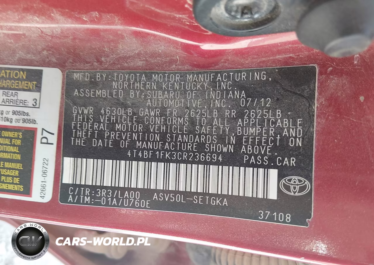 2012 Toyota Camry Xle VIN:4T4BF1FK3CR236694 - 9