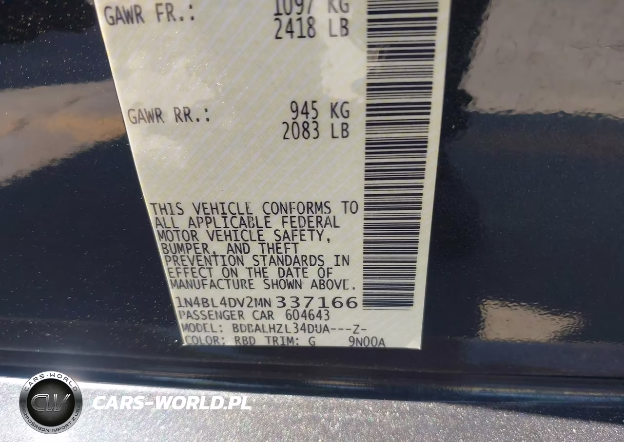 2021 Nissan Altima Sv Fwd VIN:1N4BL4DV2MN337166 - 9