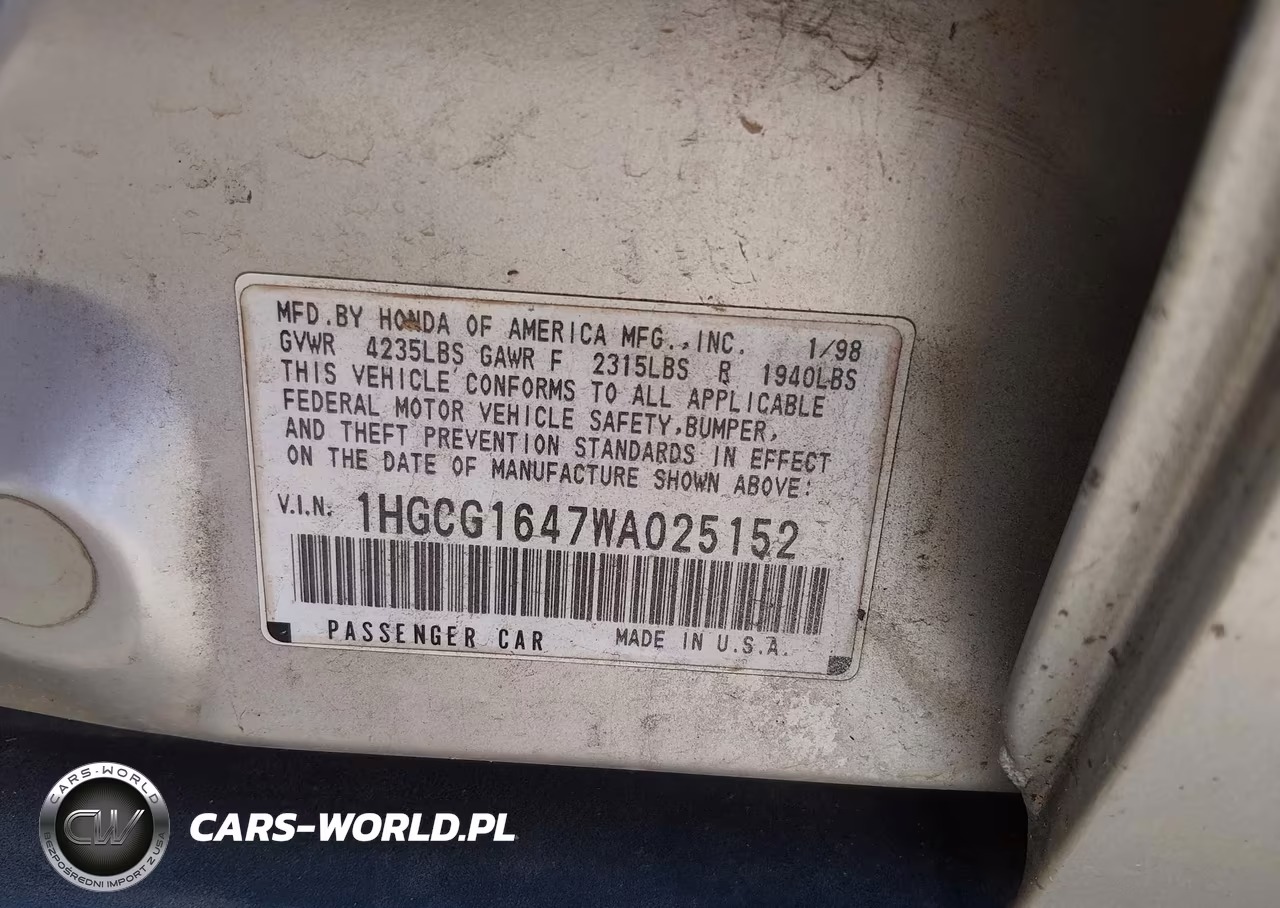 1998 Honda Accord Lx V6 VIN:1HGCG1647WA025152 - 9