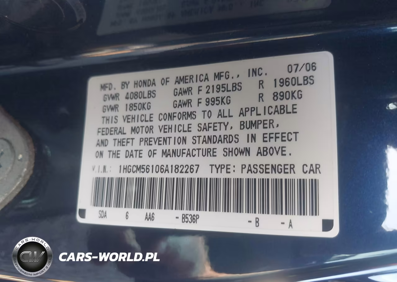 2006 Honda Accord 2.4 Vp VIN:1HGCM56106A182267 - 9