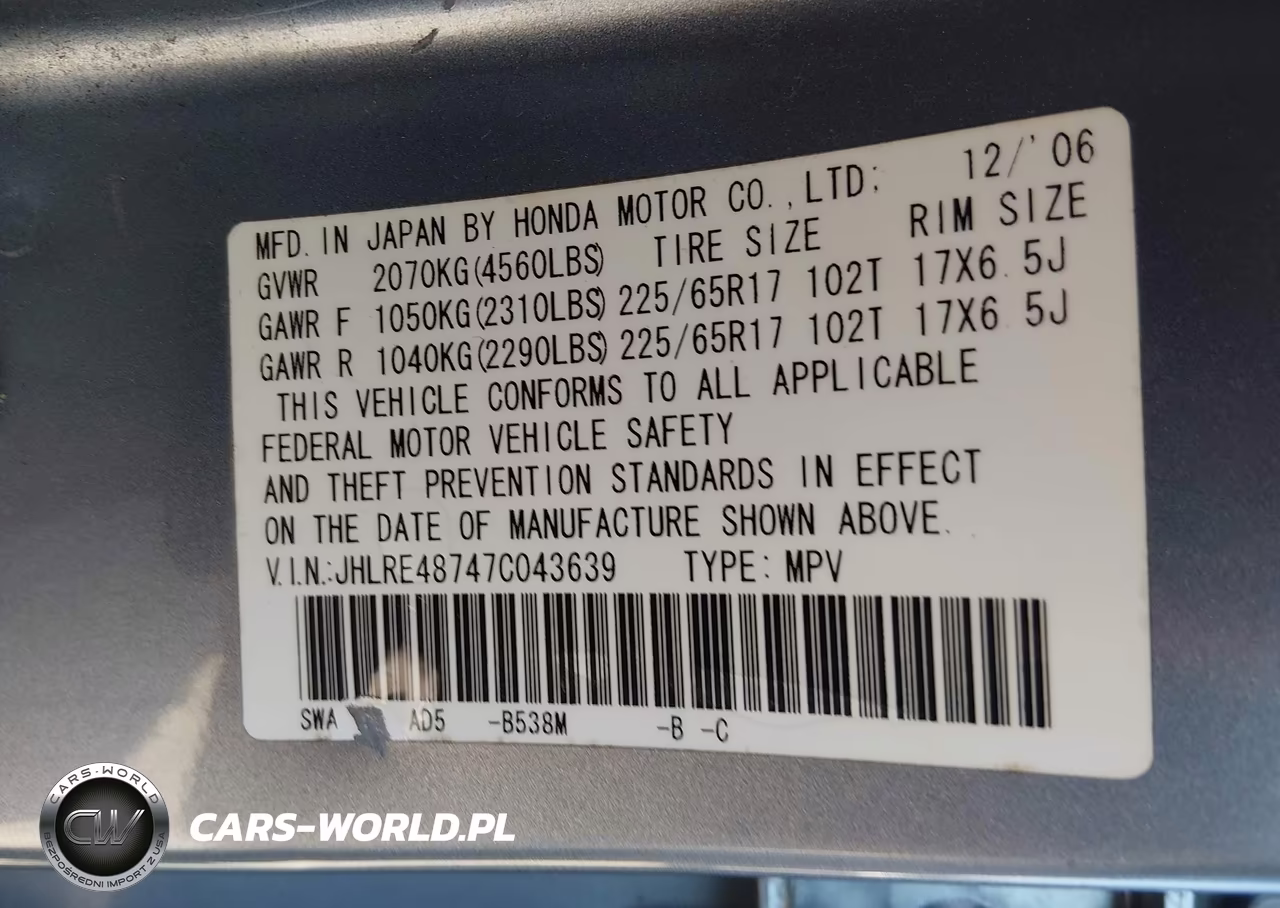 2007 Honda Cr-V Ex-L VIN:JHLRE48747C043639 - 9