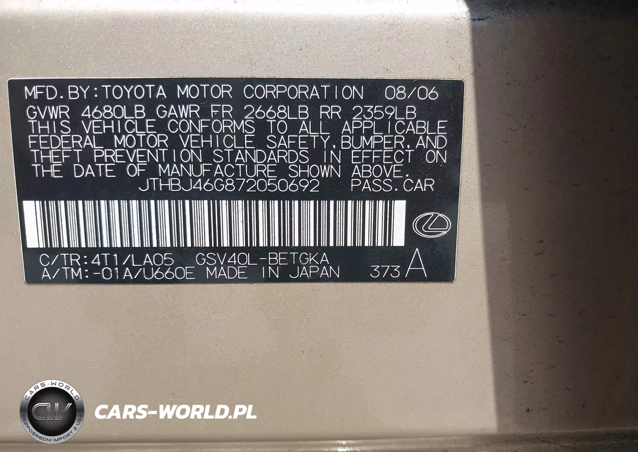 2007 Lexus Es 350 VIN:JTHBJ46G872050692 - 9