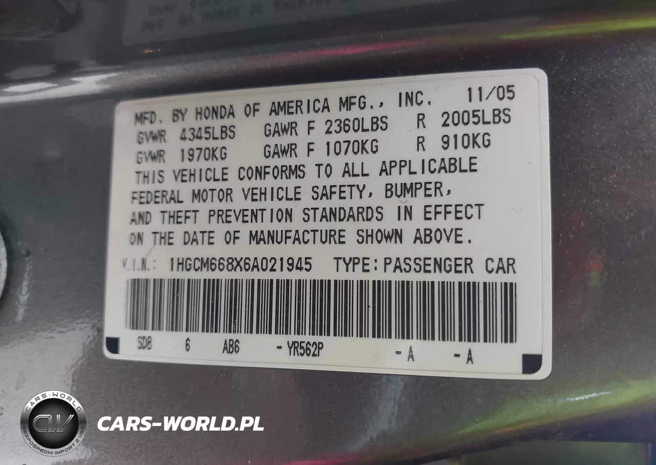 2006 Honda Accord 3.0 Ex VIN:1HGCM668X6A021945 - 9
