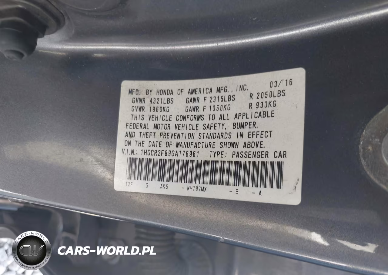 2016 Honda Accord Ex-L VIN:1HGCR2F89GA178961 - 9