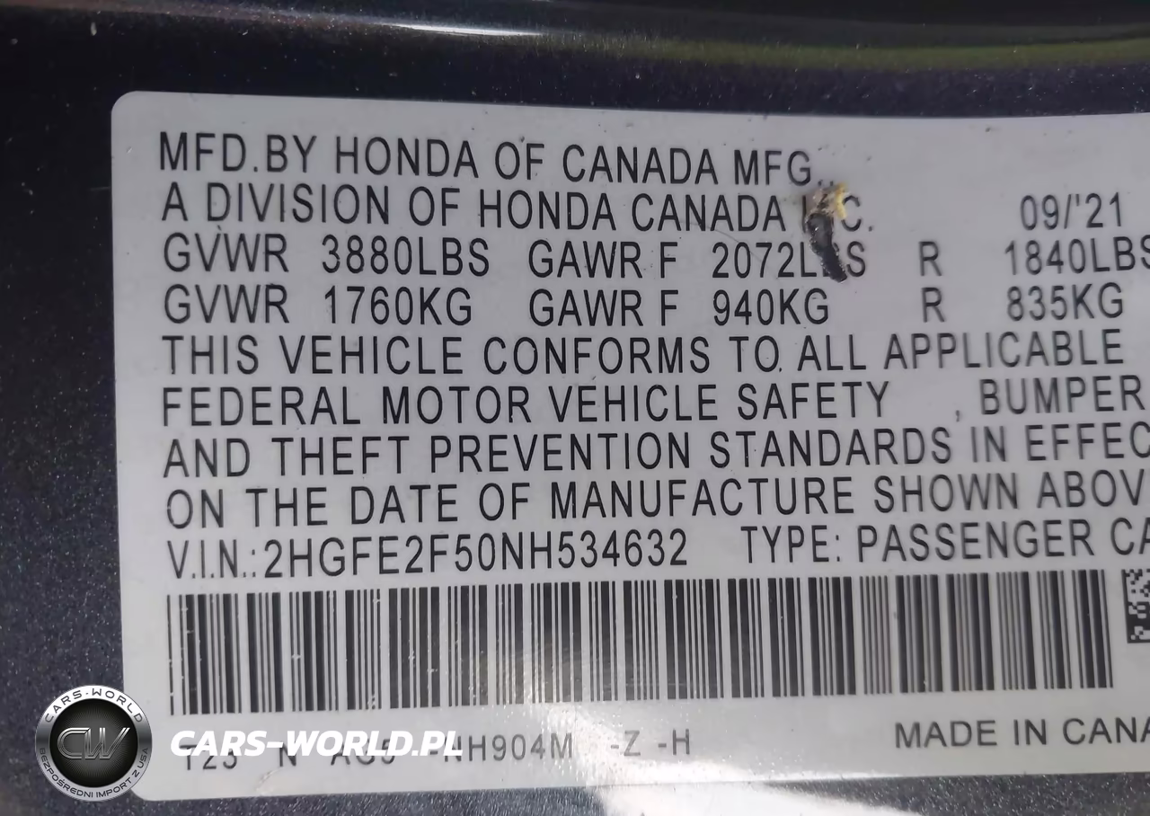 2022 Honda Civic Sport VIN:2HGFE2F50NH534632 - 9