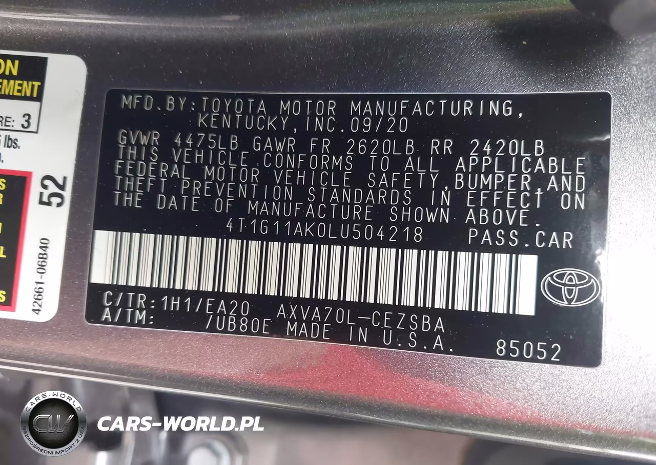 2020 Toyota Camry Se VIN:4T1G11AK0LU504218 - 9