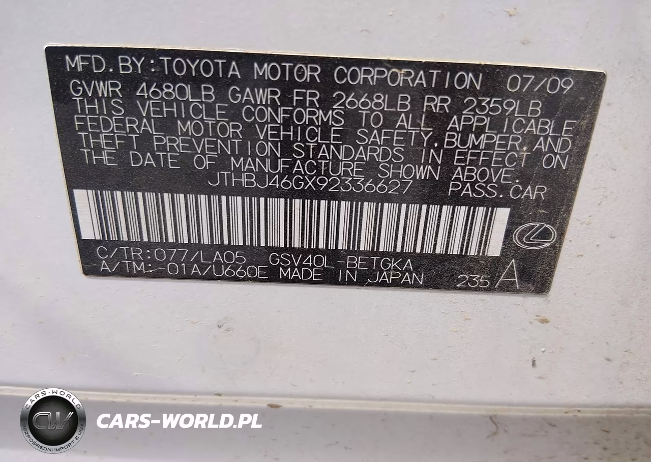 2009 Lexus Es 350 VIN:JTHBJ46GX92336627 - 9