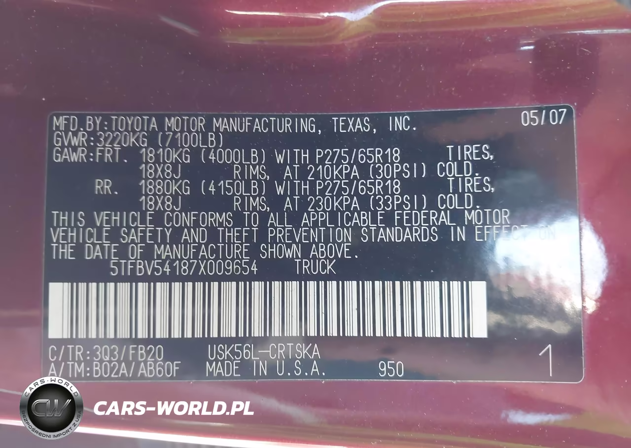 2007 Toyota Tundra Sr5 5.7L V8 VIN:5TFBV54187X009654 - 9