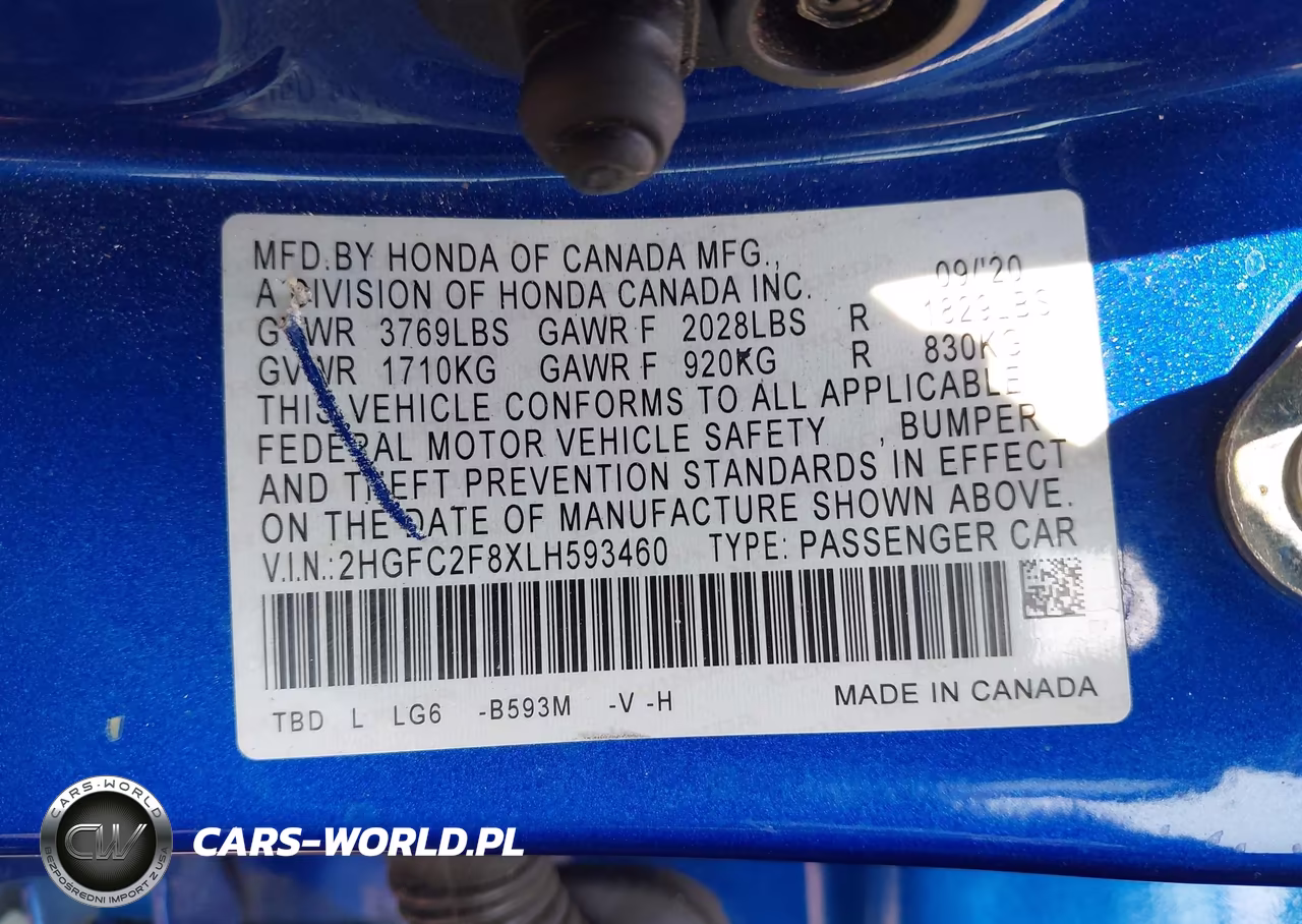 2020 Honda Civic Sport VIN:2HGFC2F8XLH593460 - 9