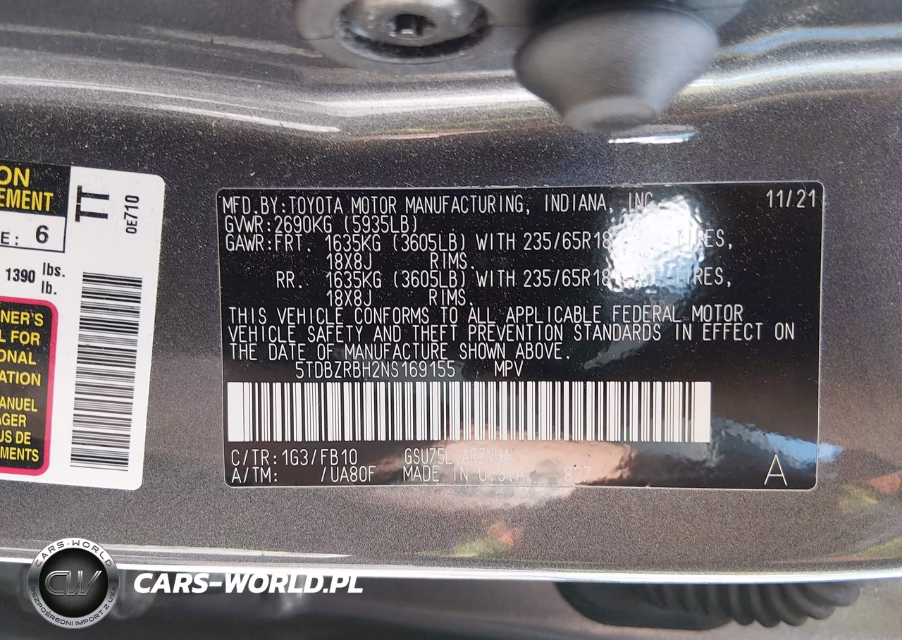 2022 Toyota Highlander Le VIN:5TDBZRBH2NS169155 - 8