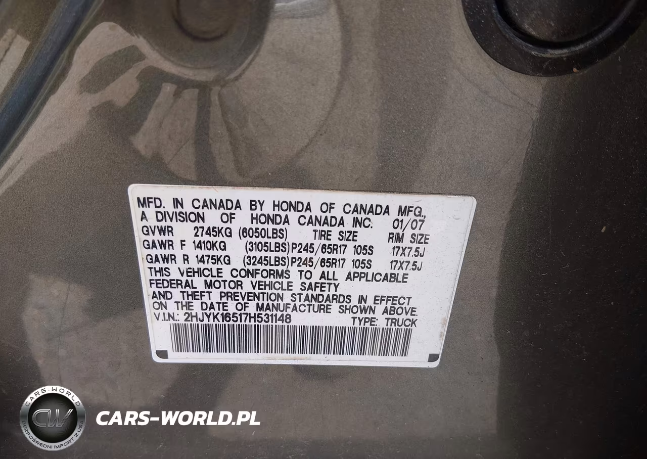 2007 Honda Ridgeline Rtl VIN:2HJYK16517H531148 - 9