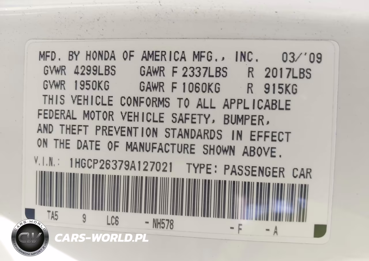 2009 Honda Accord 2.4 Lx VIN:1HGCP26379A127021 - 9