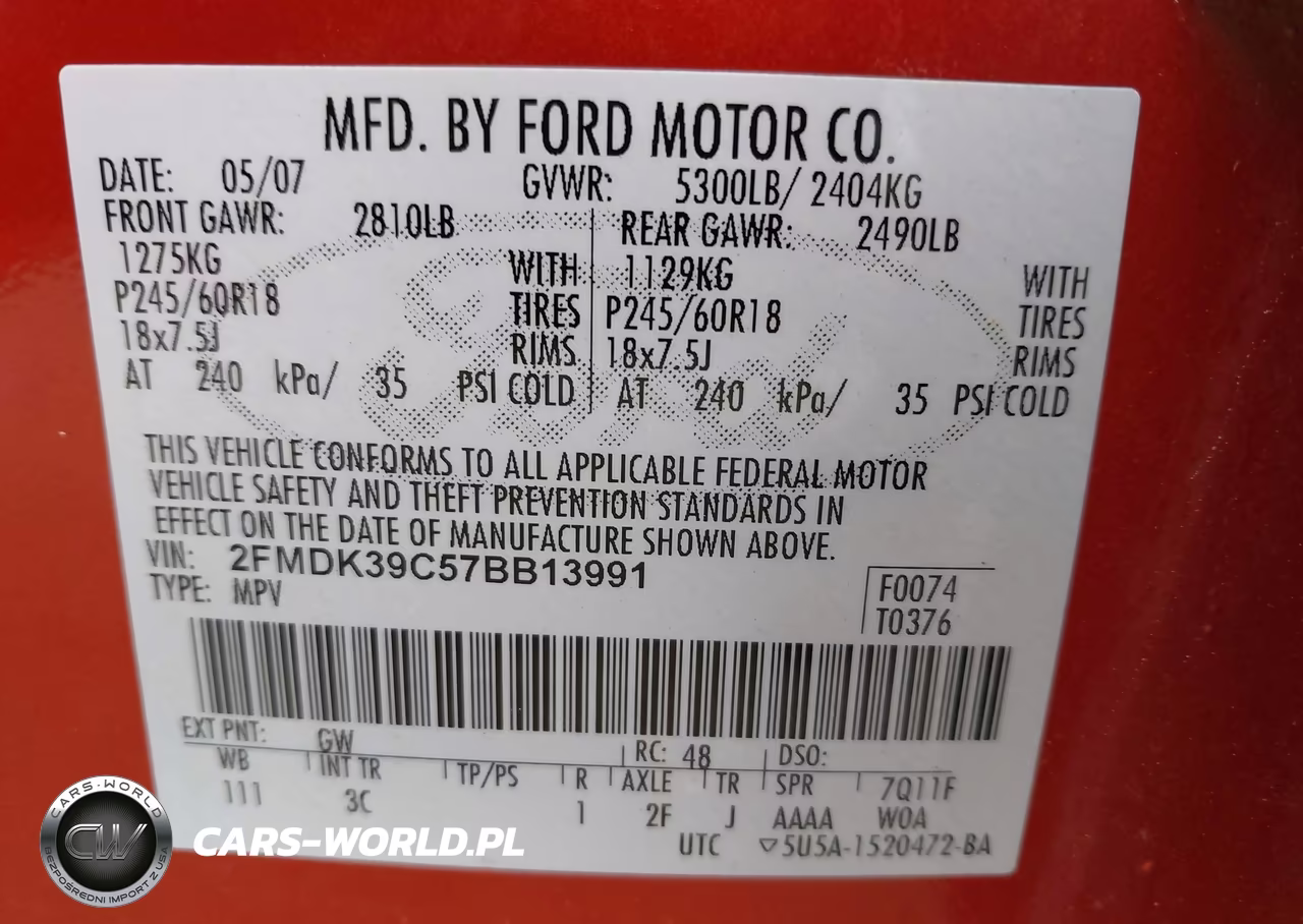 2007 Ford Edge Sel Plus VIN:2FMDK39C57BB13991 - 9