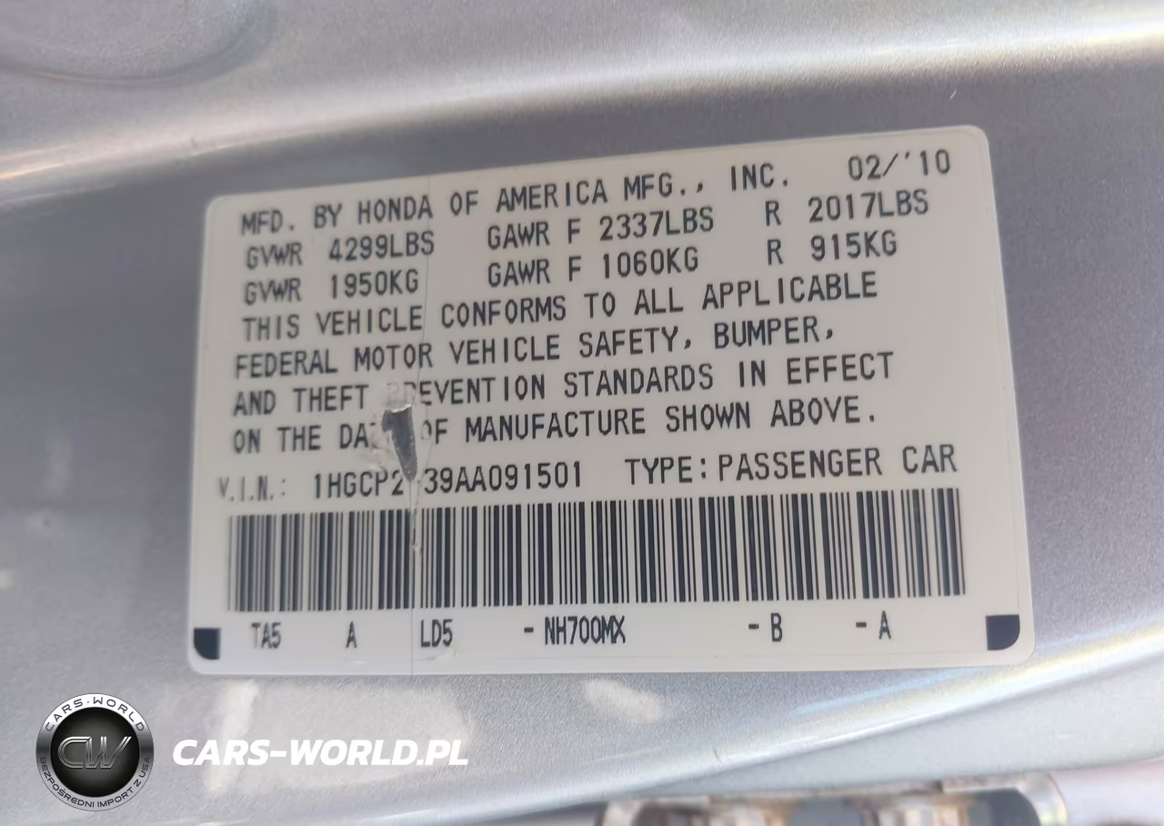 2010 Honda Accord 2.4 Lx VIN:1HGCP2F39AA091501 - 9