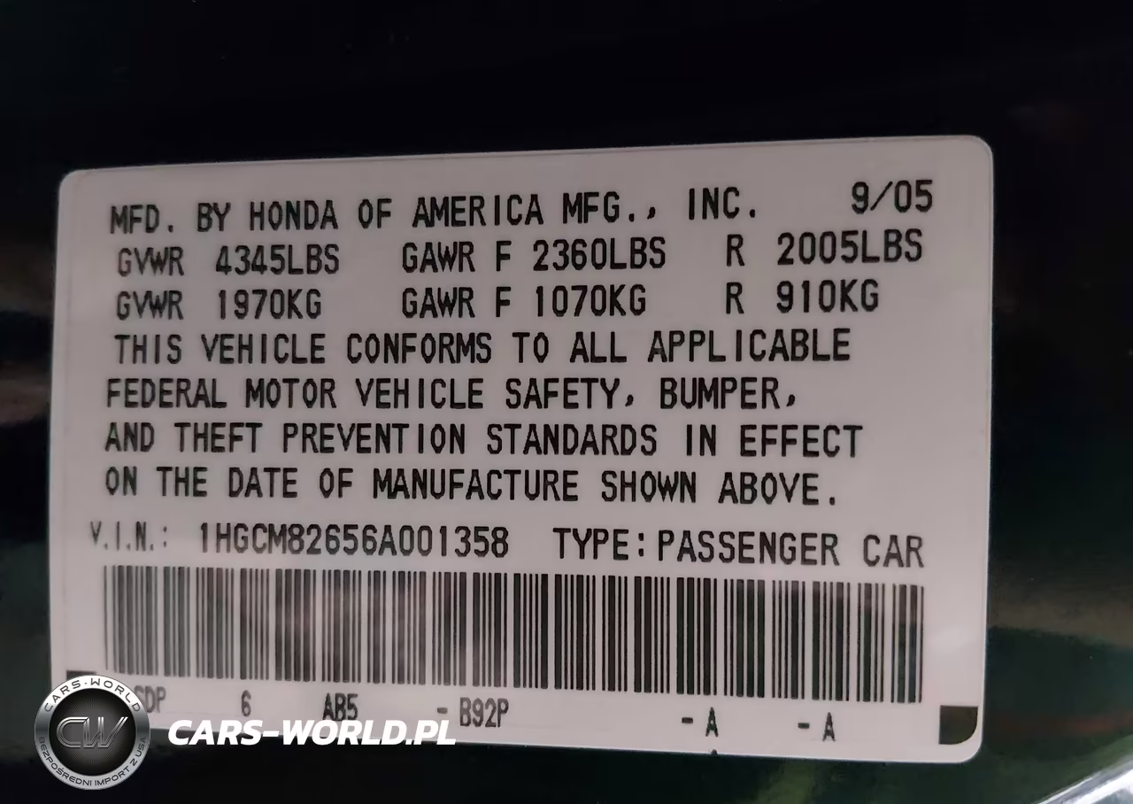 2006 Honda Accord 3.0 Ex VIN:1HGCM82656A001358 - 9