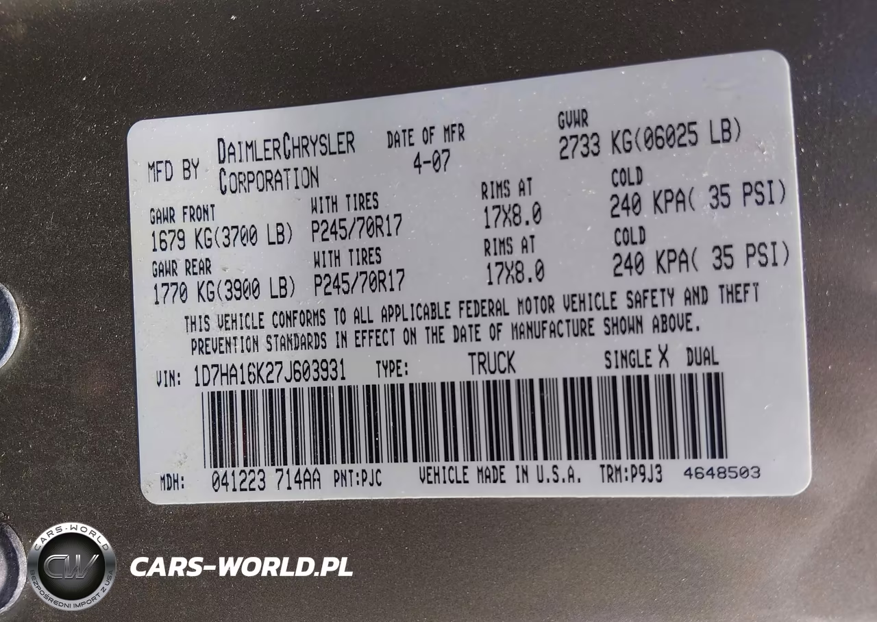 2007 Dodge Ram 1500 St VIN:1D7HA16K27J603931 - 9