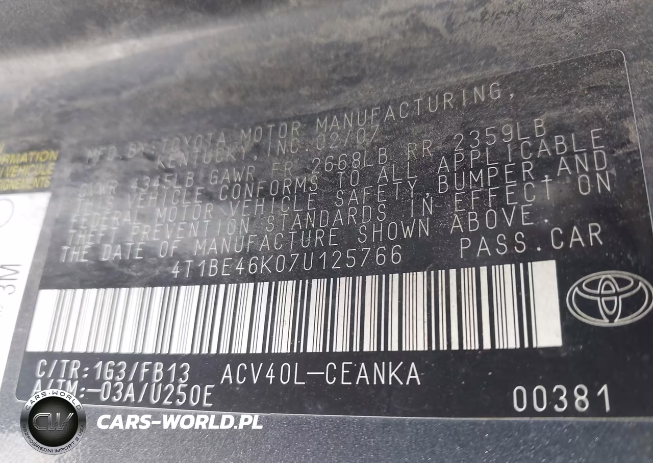 2007 Toyota Camry Le VIN:4T1BE46K07U125766 - 9