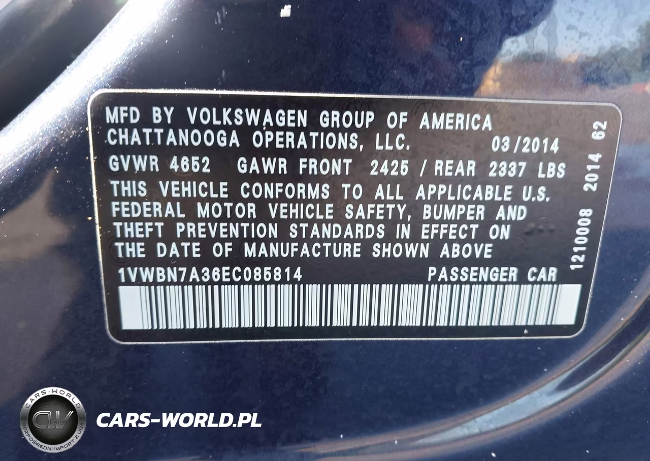 2014 Volkswagen Passat 2.0L Tdi Se VIN:1VWBN7A36EC085814 - 9