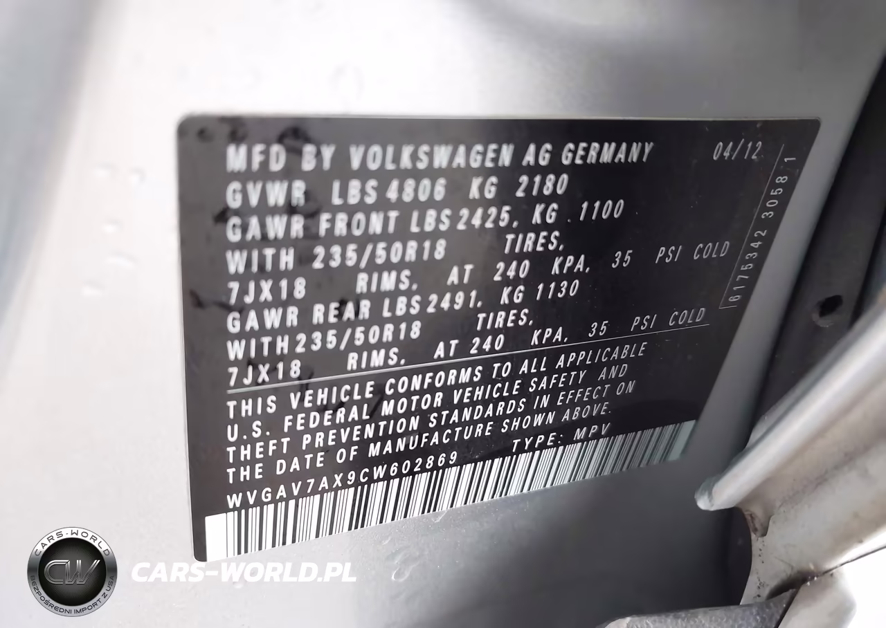 2012 Volkswagen Tiguan Se VIN:WVGAV7AX9CW602869 - 9