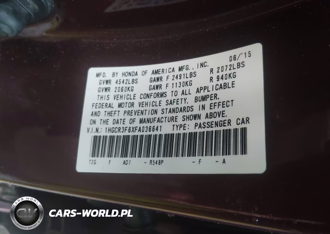 2015 Honda Accord Ex-L V-6 VIN:1HGCR3F8XFA036641 - 9