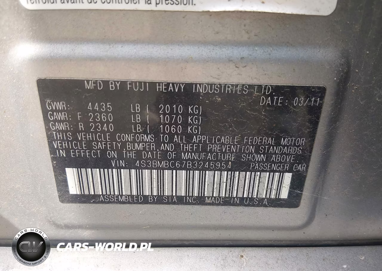 2011 Subaru Legacy 2.5I Premium VIN:4S3BMBC67B3245954 - 9