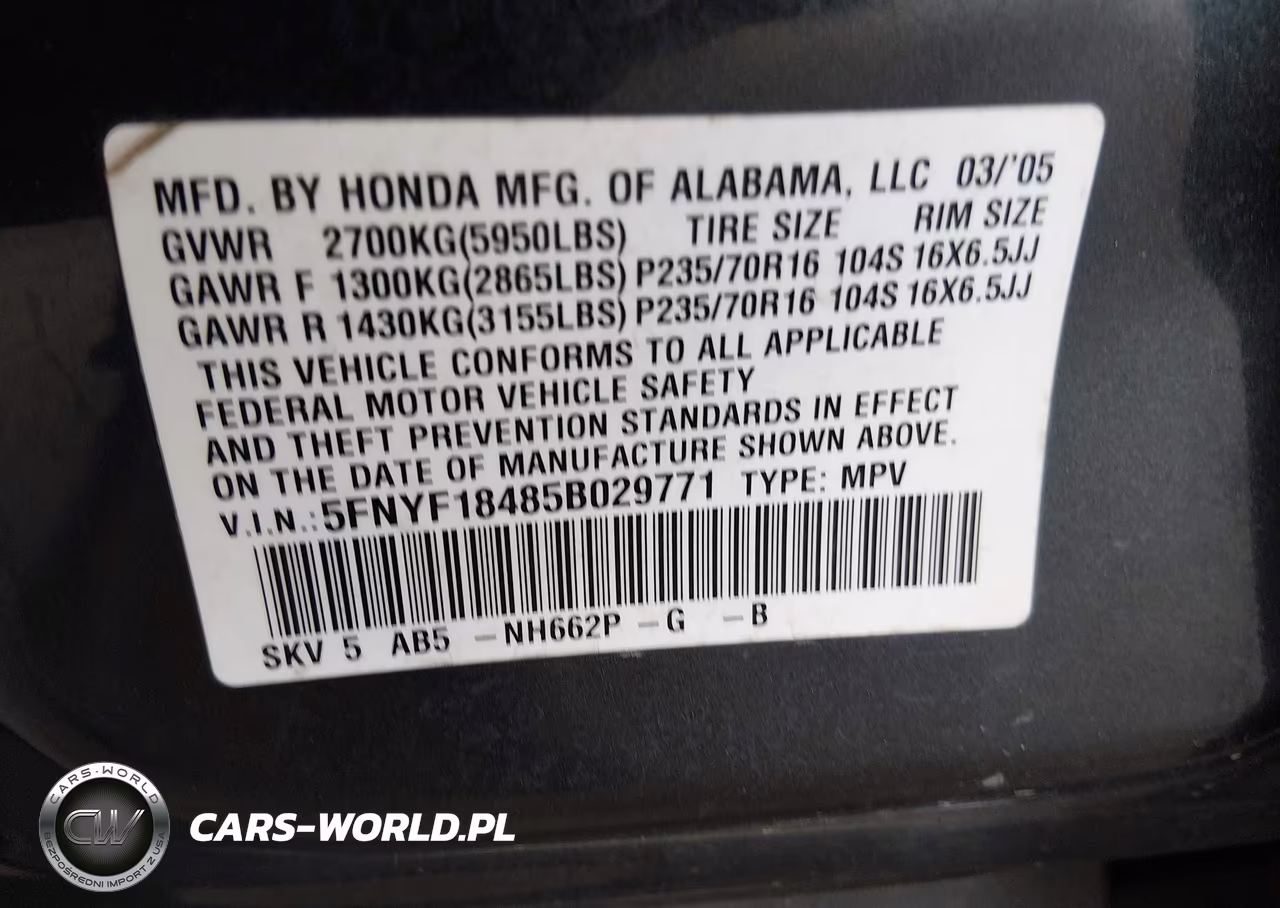 2005 Honda Pilot Ex VIN:5FNYF18485B029771 - 9