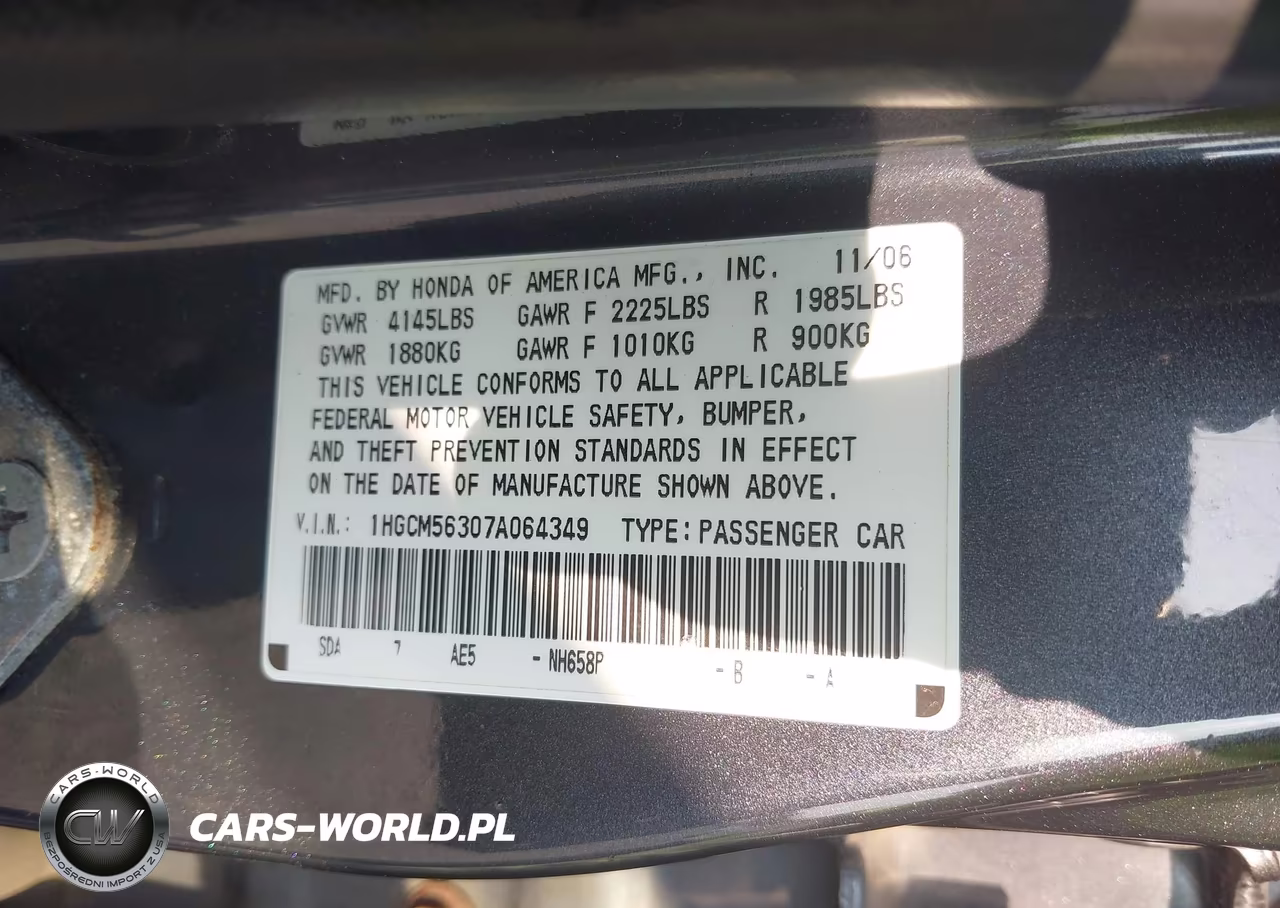 2007 Honda Accord 2.4 Se VIN:1HGCM56307A064349 - 9