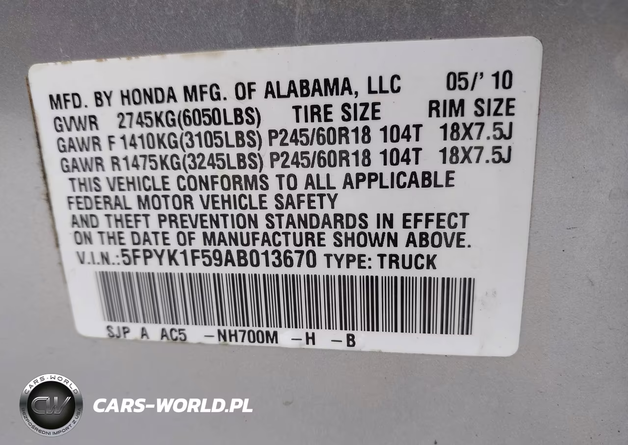 2010 Honda Ridgeline Rtl VIN:5FPYK1F59AB013670 - 9