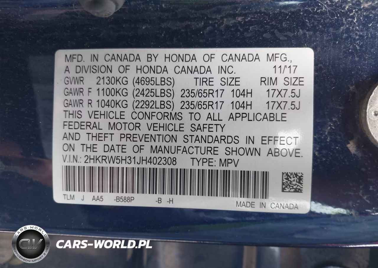 2018 Honda Cr-V Lx VIN:2HKRW5H31JH402308 - 9