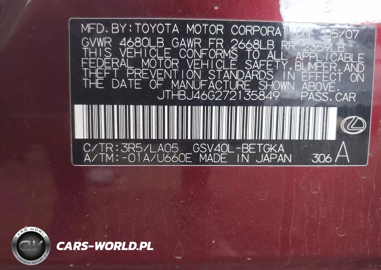 2007 Lexus Es 350 VIN:JTHBJ46G272135849 - 9