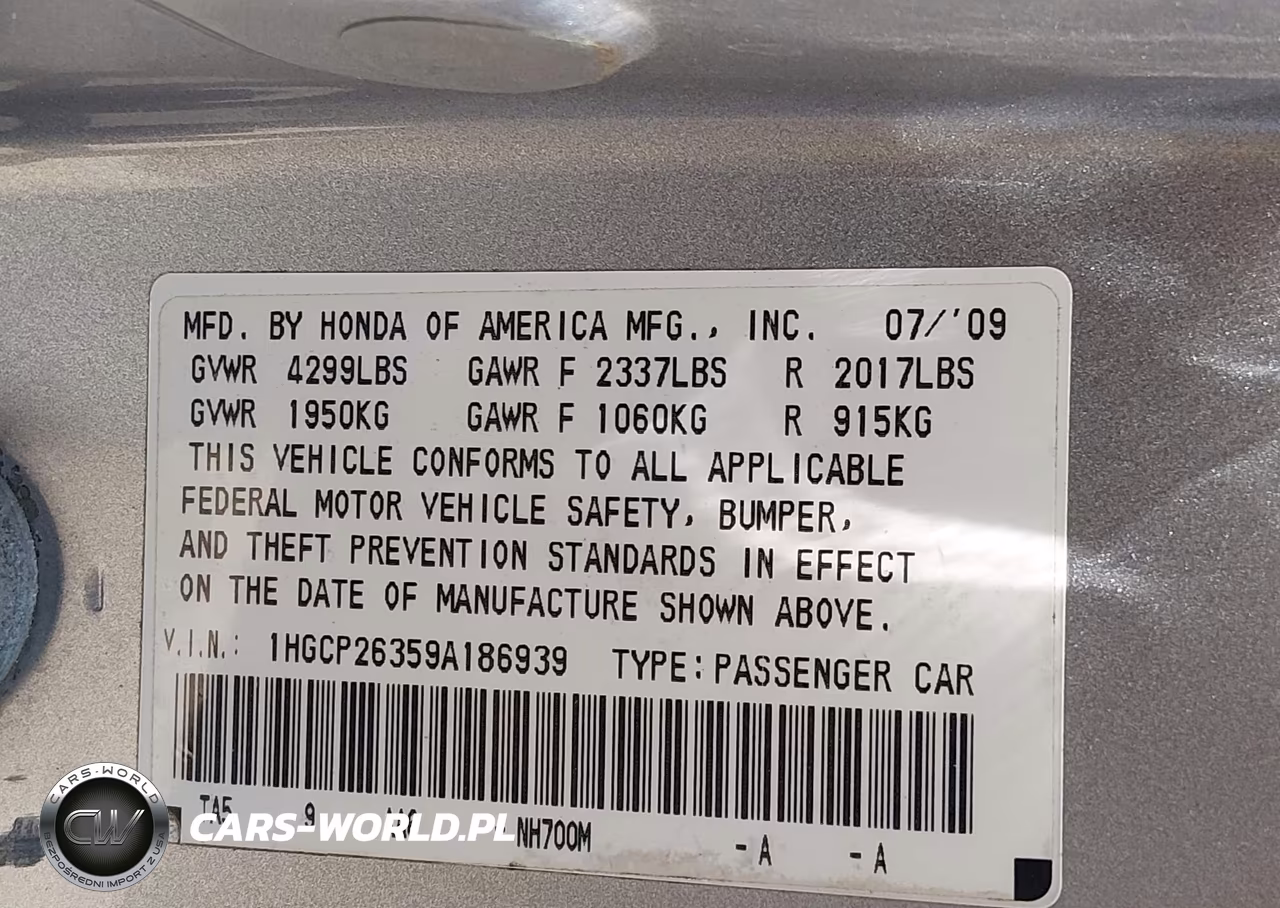 2009 Honda Accord 2.4 Lx VIN:1HGCP26359A186939 - 9