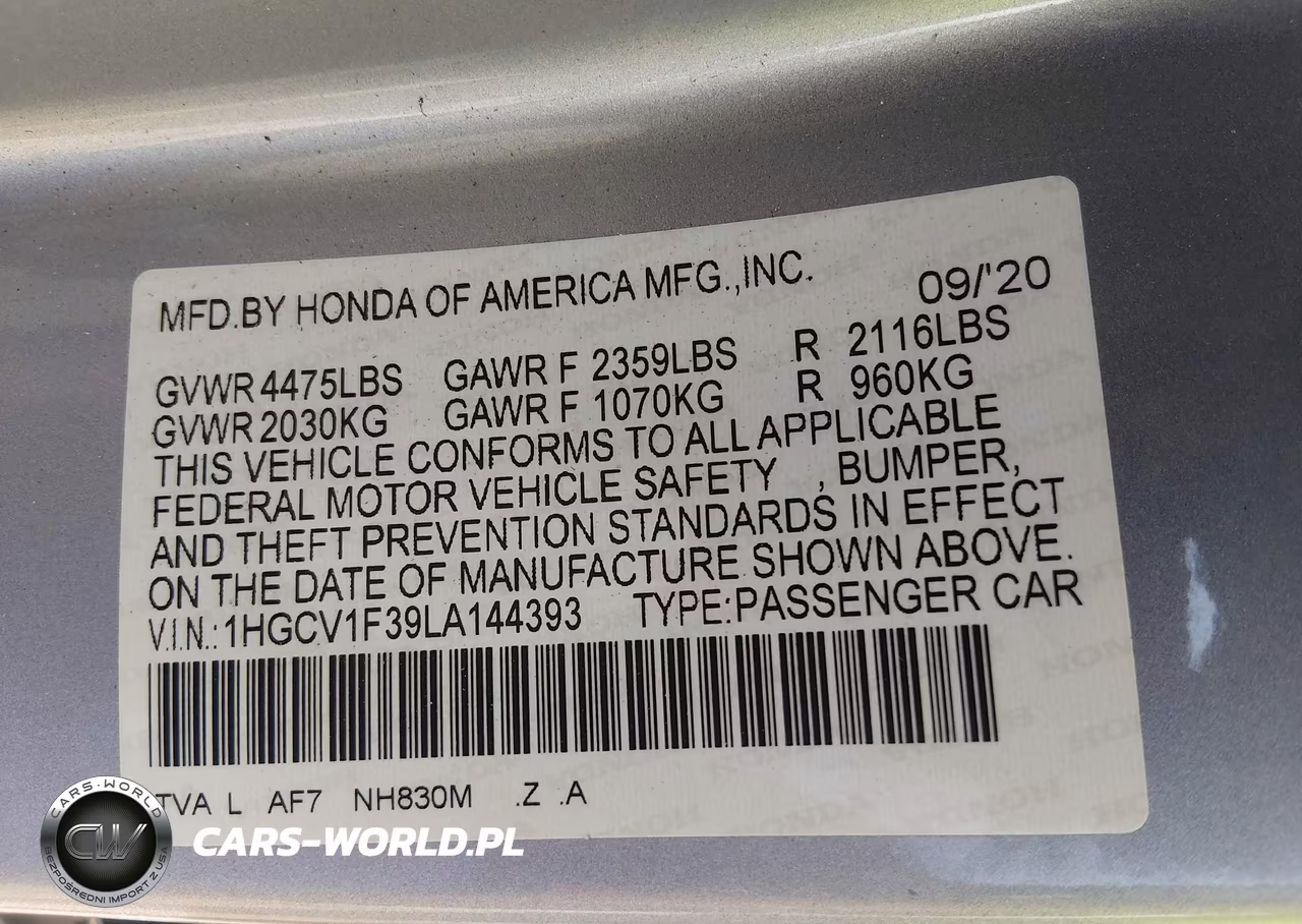 2020 Honda Accord Sport VIN:1HGCV1F39LA144393 - 9