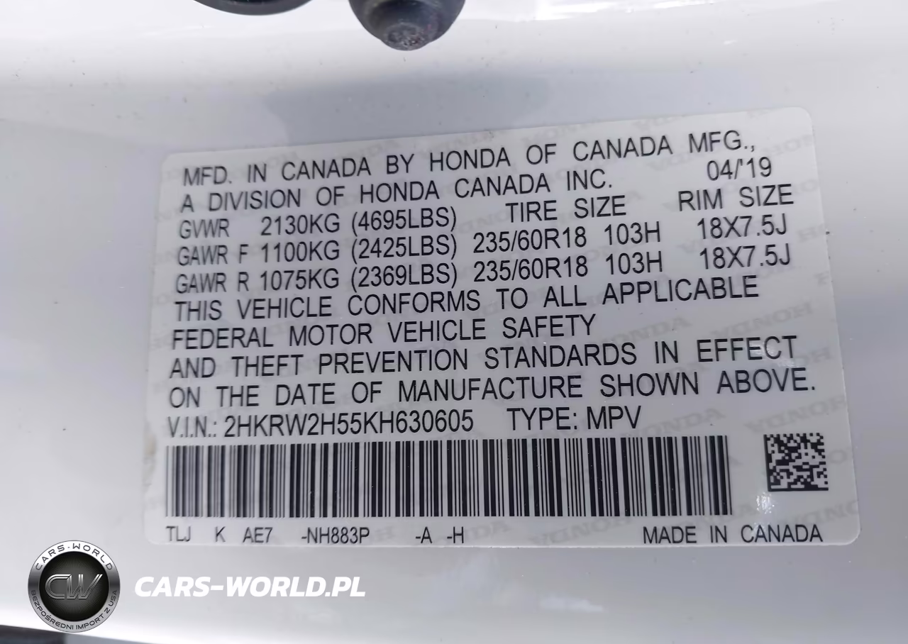 2019 Honda Cr-V Ex VIN:2HKRW2H55KH630605 - 9