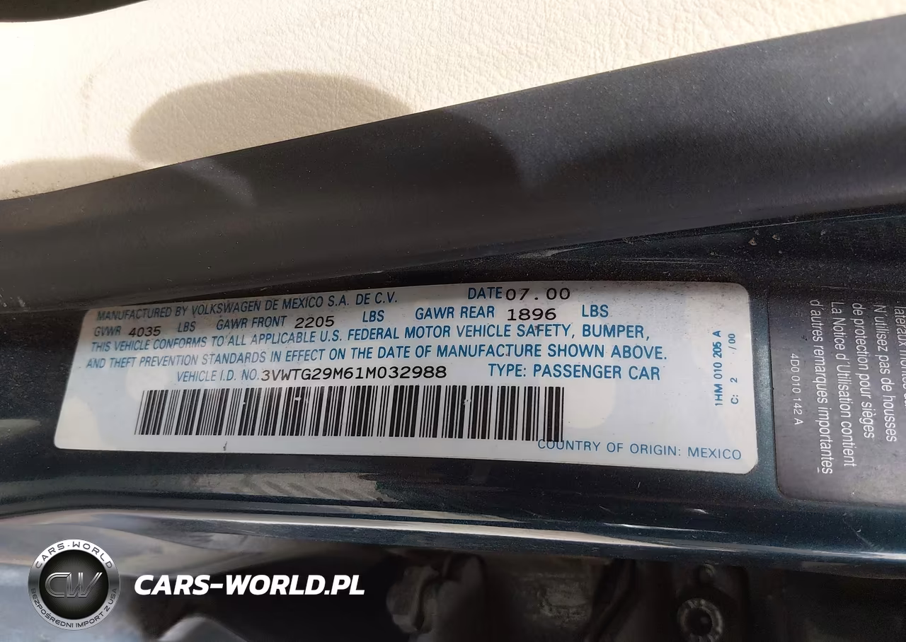 2001 Volkswagen Jetta Glx VIN:3VWTG29M61M032988 - 9