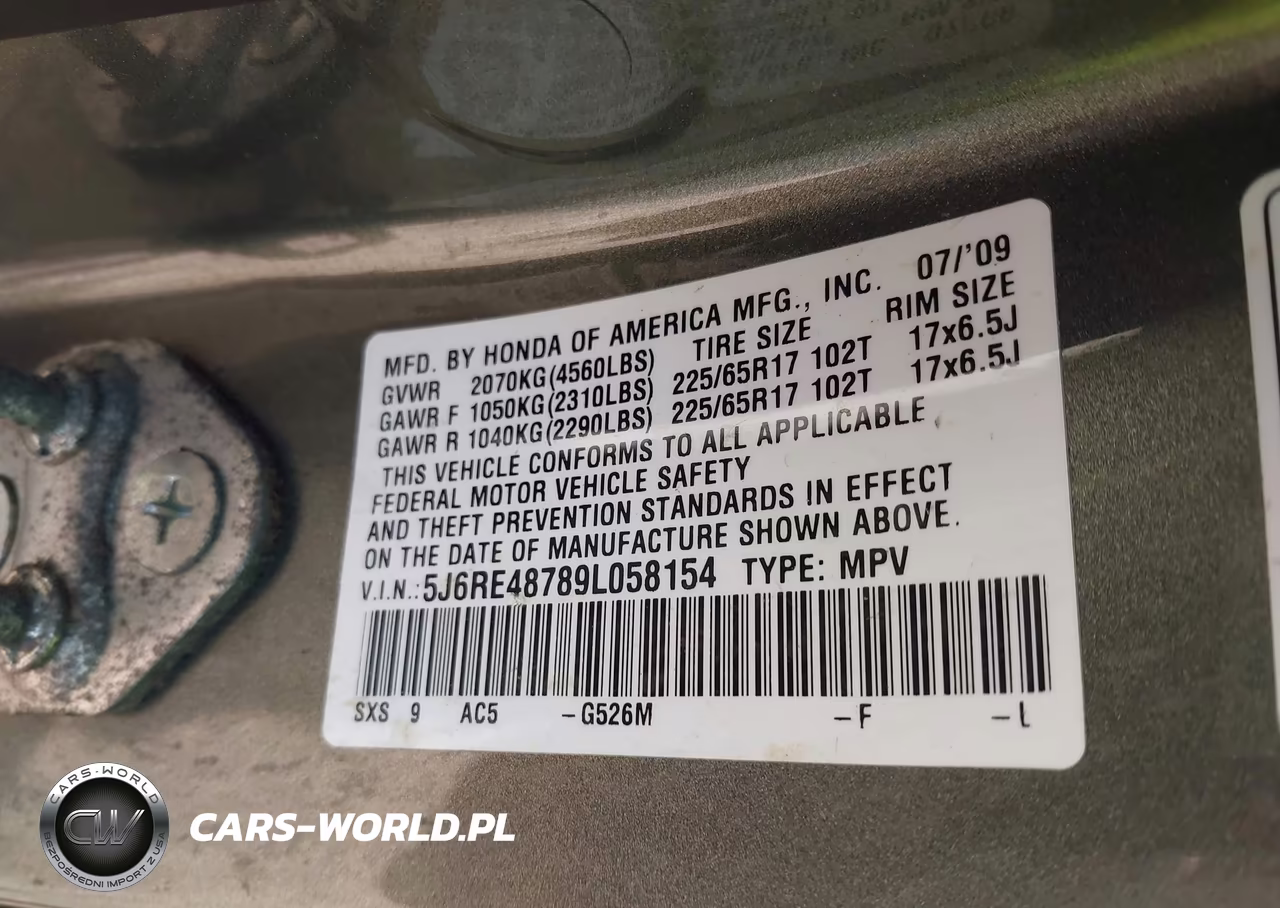 2009 Honda Cr-V Ex-L VIN:5J6RE48789L058154 - 9