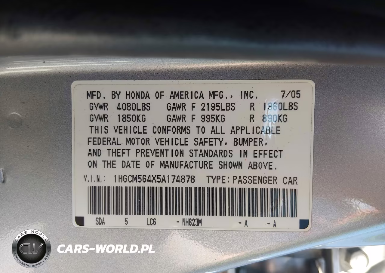 2005 Honda Accord 2.4 Lx VIN:1HGCM564X5A174878 - 9