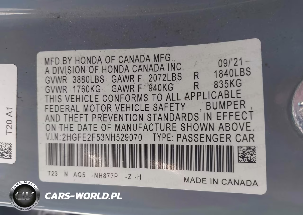 2022 Honda Civic Sport VIN:2HGFE2F53NH529070 - 9