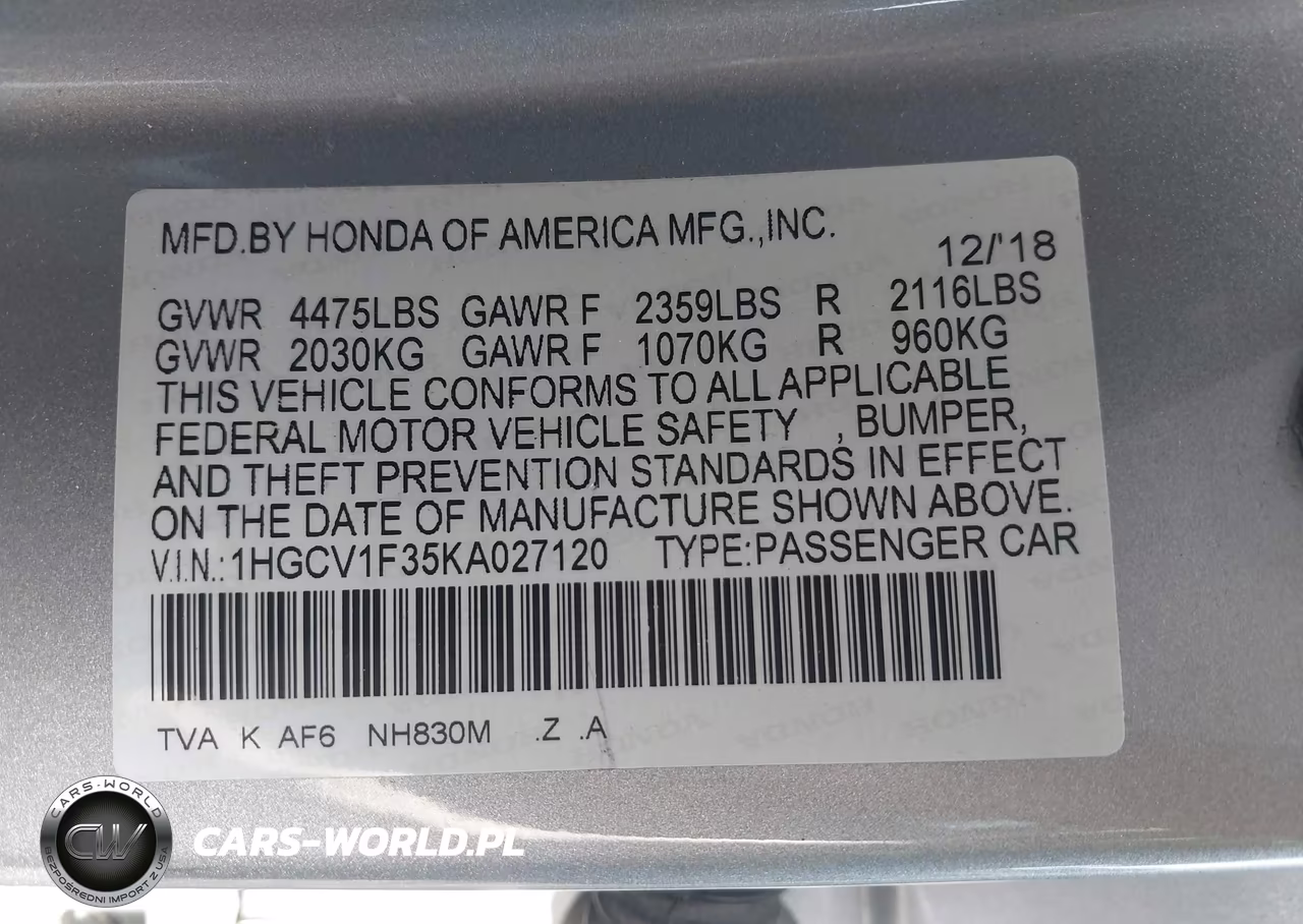 2019 Honda Accord Sport VIN:1HGCV1F35KA027120 - 9